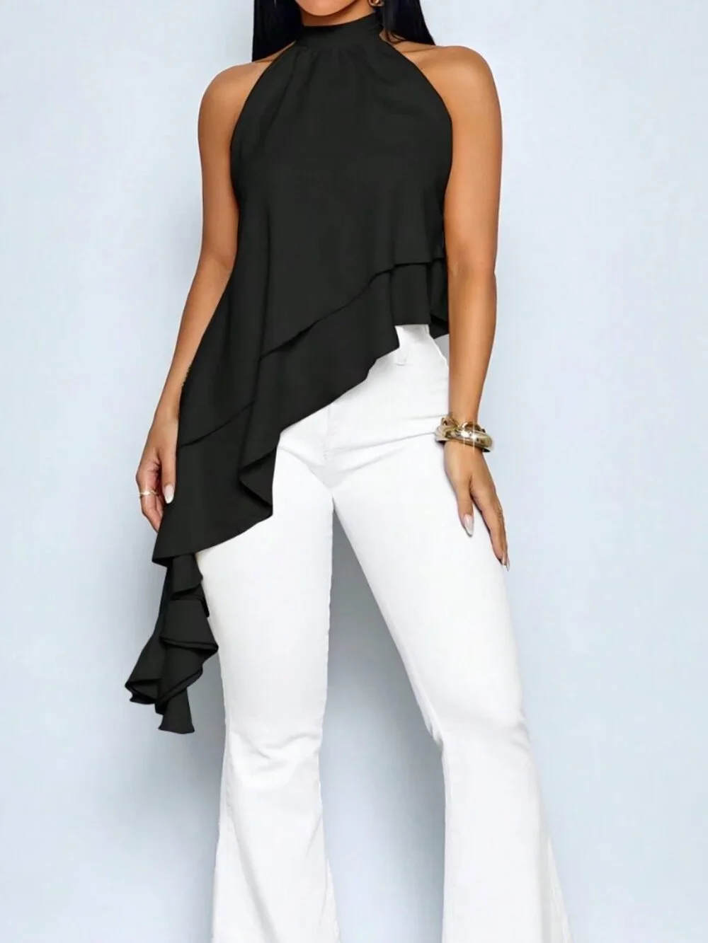 Black Casual Women's Asymmetric Flowing Halter Neck Ruffle Hem Blouse